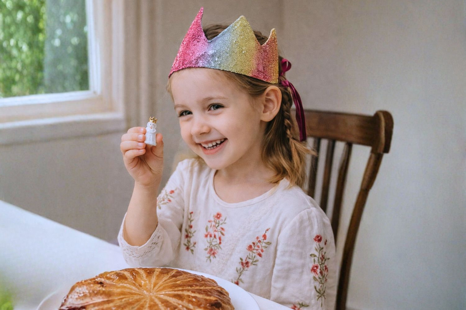 Couronne des rois en tissus portée par une petite fille souriante car elle a eu la fève. Couronne fait main par l'atelier magalu